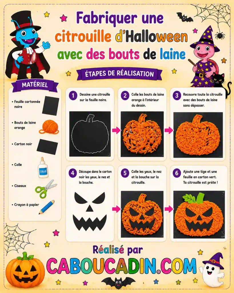 Fabriquer une citrouille d’Halloween avec des bouts de laine illustration citrouille halloween avec bouts de laine