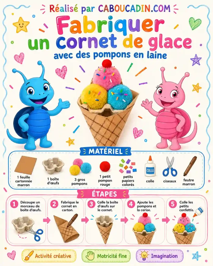 Fabriquer un cornet de glace avec des pompons en laine et du carton illustration cornet glace carton et pompons
