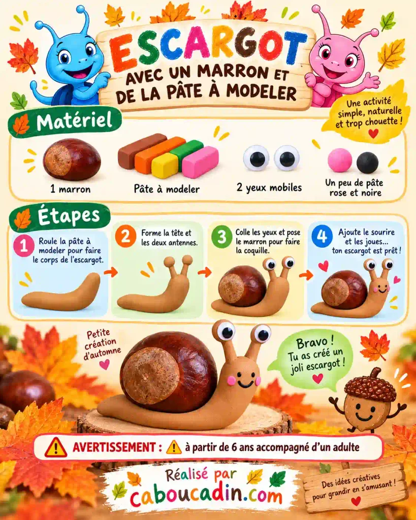 Fabriquer un escargot d’automne avec un marron et de la pâte à modeler illustration escargot coquille avec marron corps avec pate a modeler