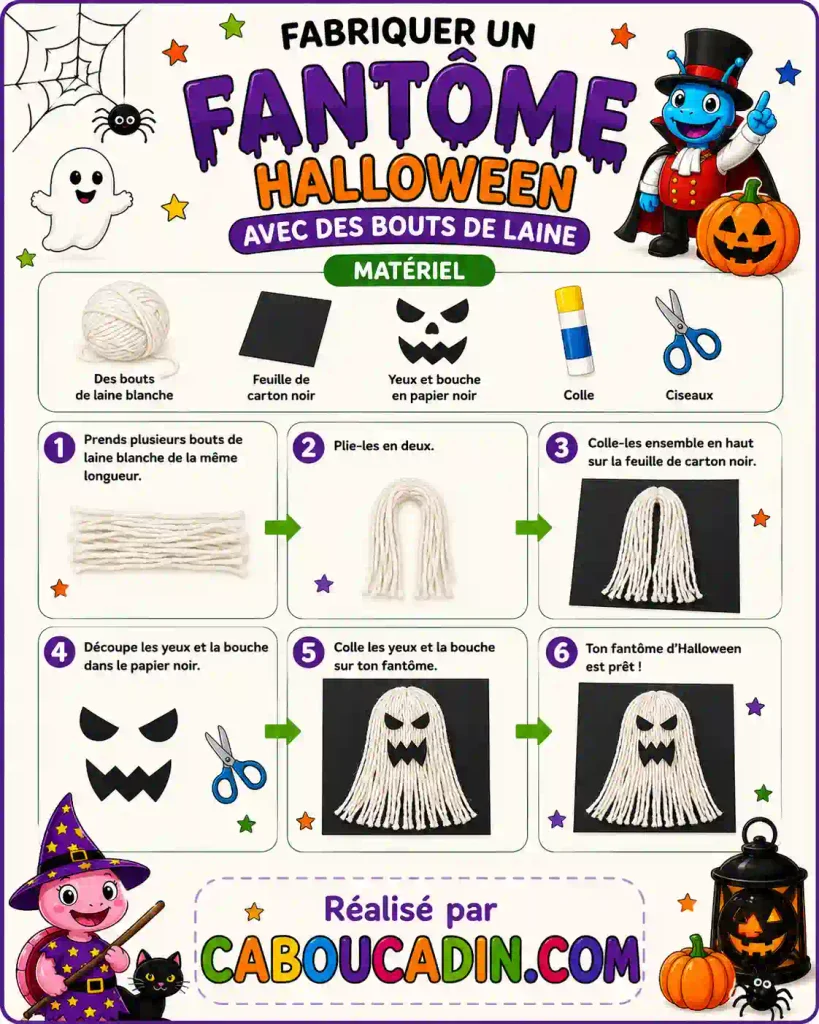 Fabriquer un fantôme d’Halloween avec des bouts de laine blanche illustration fantome avec bout de laine