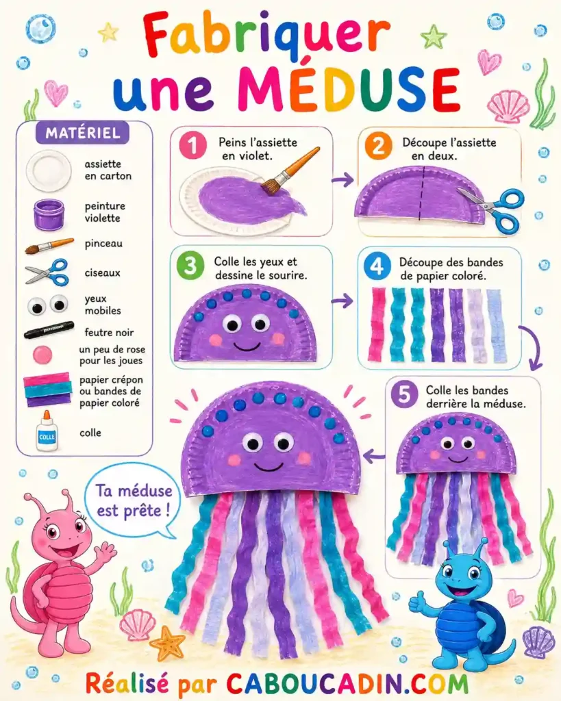 Fabriquer une méduse avec une assiette en carton et des rubans de couleur illustration meduse mauve avec assiette carton