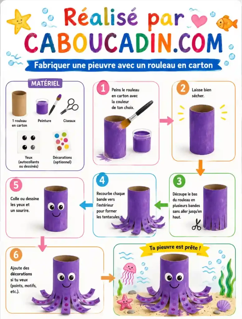 Fabriquer une pieuvre violette avec un rouleau en carton illustration pieuvre mauve avec rouleau carton