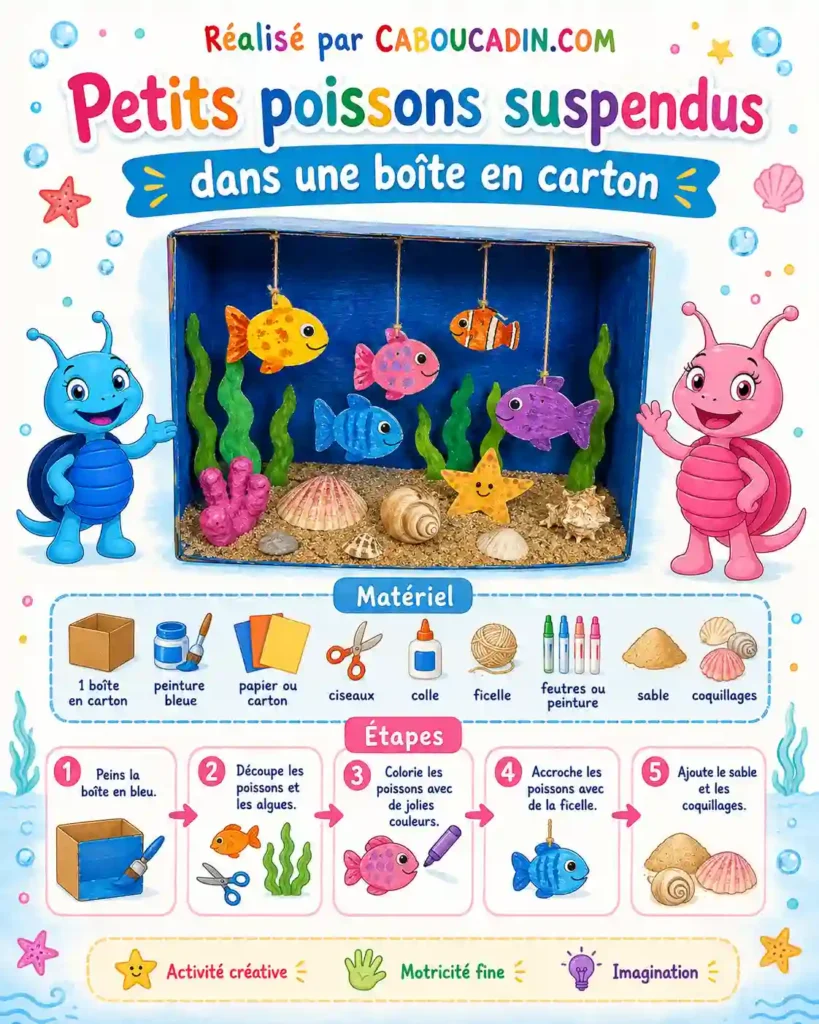 Petits poissons suspendus dans une boîte en carton : un mini aquarium fait maison illustration poissons avec couleurs dans boite en carton
