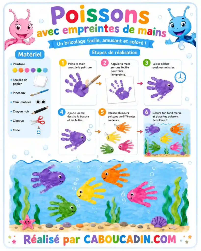 Fabriquer des poissons avec des empreintes de mains avec de la peinture illustration poissons avec empreints de mains