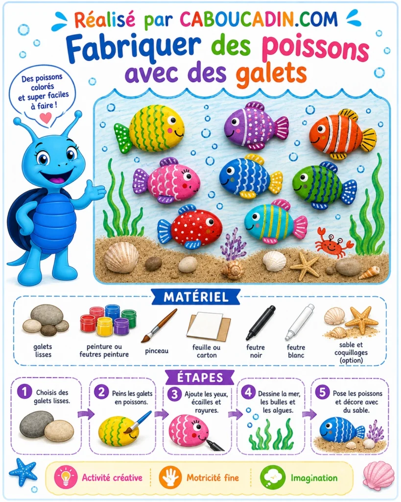 illustration poissons multicolores avec des galets