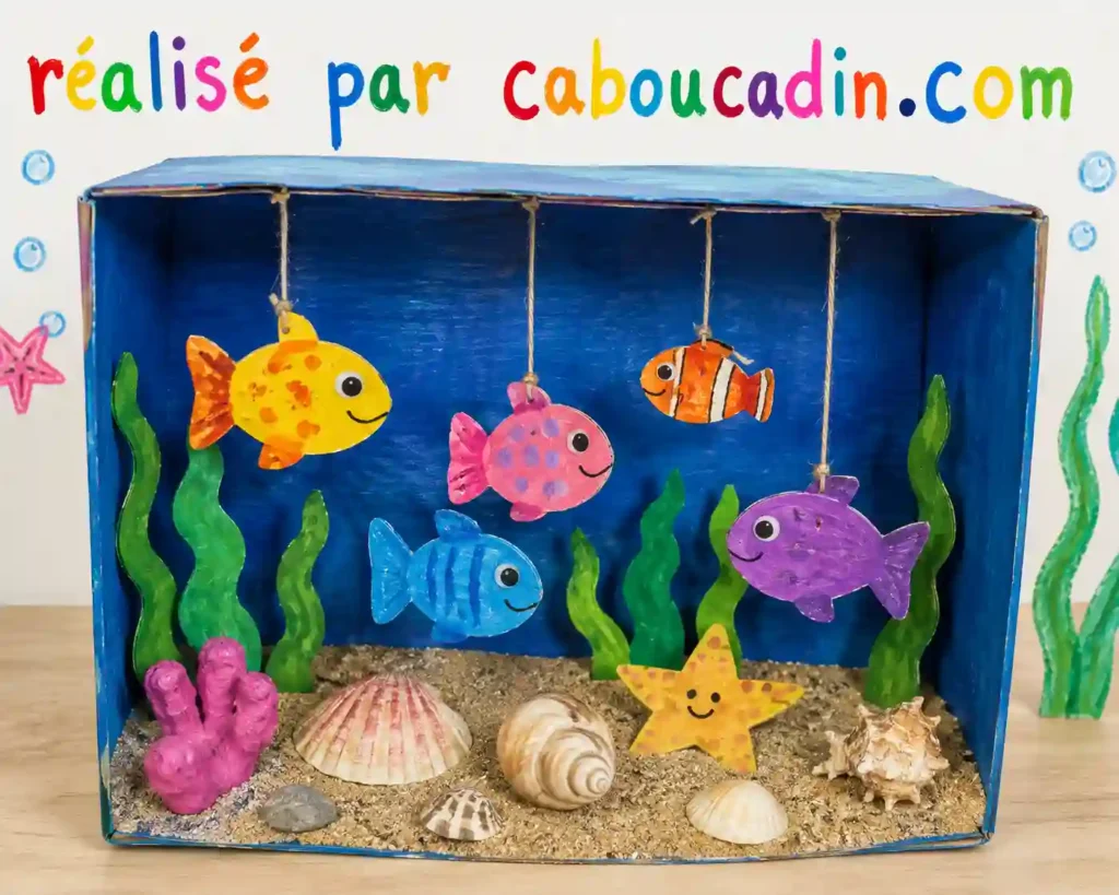 Petits poissons suspendus dans une boîte en carton : un mini aquarium fait maison poissons avec couleurs dans boite en carton